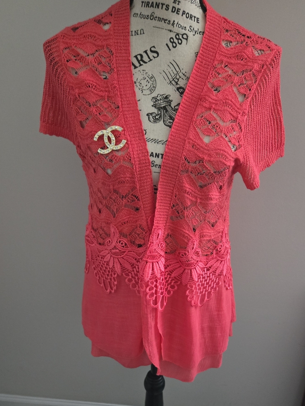 Lauren Michelle Coral Crochet Open-Front Short Sleeve Cardigan